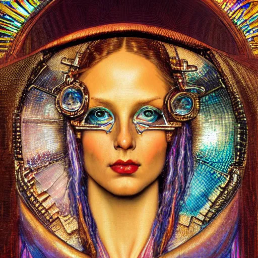 Image similar to close - up renaissance portrait of an iridescent art deco android priestess, reflective detailed textures, highly detailed fantasy science fiction painting by moebius, norman rockwell and william holman hunt. modern industrial shaman, rich colors, high contrast. artstation