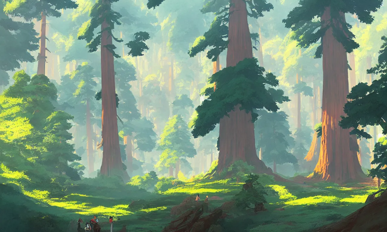 Prompt: Sequoia Park in a colorful moutain with beautiful trees ,morning , by studio ghibli painting, superior quality, masterpiece, traditional Japanese colors, by Grzegorz Rutkowski, concept art