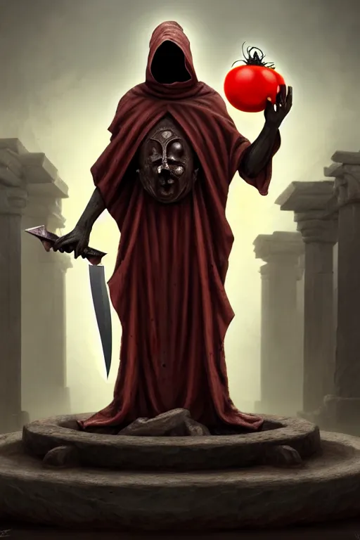 Image similar to an ancient statue of a hooded cultist is holding a bloody knife in one hand and a tomato on the other, standing in a forgotten temple to an eldritch god, by patrick mcenvoy and michael komarck and fantasy flight, incredible quality, trending on artstation