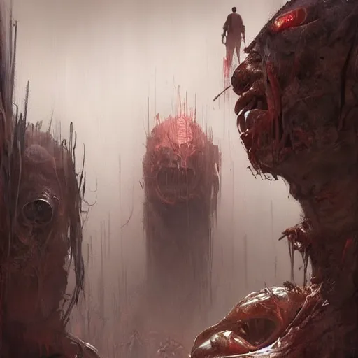 Prompt: concept art by greg rutkowski, infected people with a kind of reddish silt oozing from their bodies, looking rabid, in a claustrophobic, futuristic and brutalist environment, frightening and creepy atmosphere, scifi, highly detailed portrait, digital painting, artstation, concept art, smooth, sharp foccus ilustration, artstation hq