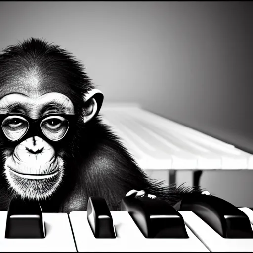 Prompt: photo of chimpanzee wearing glasses and playing the piano on stage in the spotlight at a smoky nightclub, glass of beer on the piano, 5 0 mm, beautiful photo