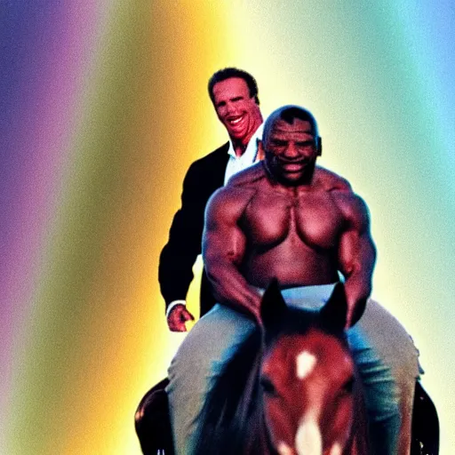 Image similar to mike tyson and arnold schwarzenegger riding a horse in front of a rainbow