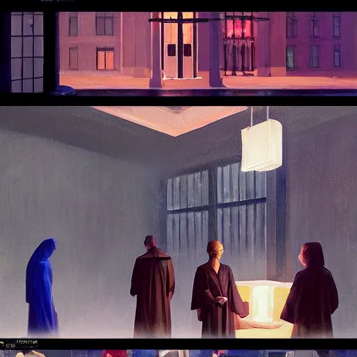 Prompt: a cult summoning a glowing ghost at night in the world of Edward Hopper, black robes, church, stormy snowy weather, extremely detailed masterpiece, oil on canvas, low-key neon lighting, artstation, Blade Runner 2049, Roger Deakin’s cinematography, by J. C. Leyendecker and Peter Paul Rubens,