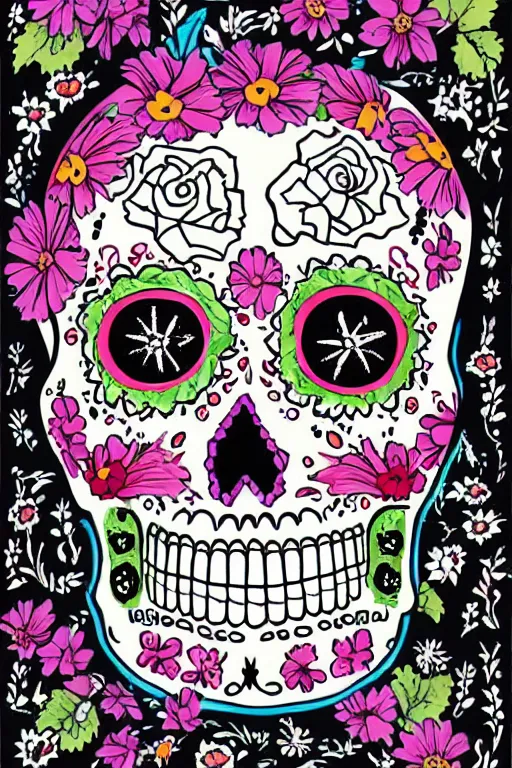 Prompt: Illustration of a sugar skull day of the dead girl, art by chris ware