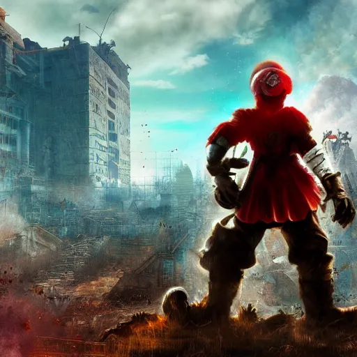 Image similar to live action post - apocalyptic super mario, berserk, unreal engine render, artstation, digital painting,