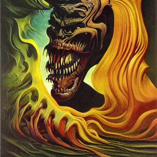 Prompt: madness creature, fluid, smooth, organic, crazy, bright, colours, tumours, high contrast, sharpness, dramatic, very detailed, intricate, by hildebrandt brothers and frazetta and giorgio de chirico and botticelli