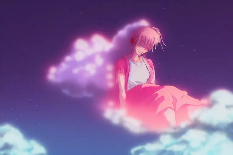 Image similar to a cute anime girl sleeping on a cloud, misty, glows, digital art, hazy, foggy, ambient lighting, 8 k, neon, synthwave,