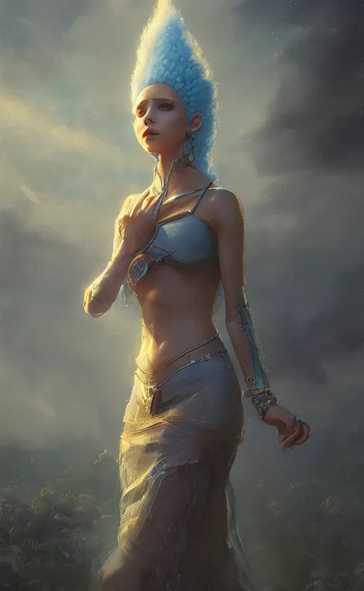 Image similar to a girl from final fantasy live action, marge simpson, evocative, mystical night, very very very very detailed, award winning, masterpiece digital painting by greg rutkowski, alex grey, artstation, 4 k wallpaper