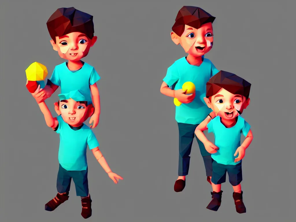 Prompt: a young boy holding a toy, rolled up sleeves, character design, low poly, pinterest, 4 k