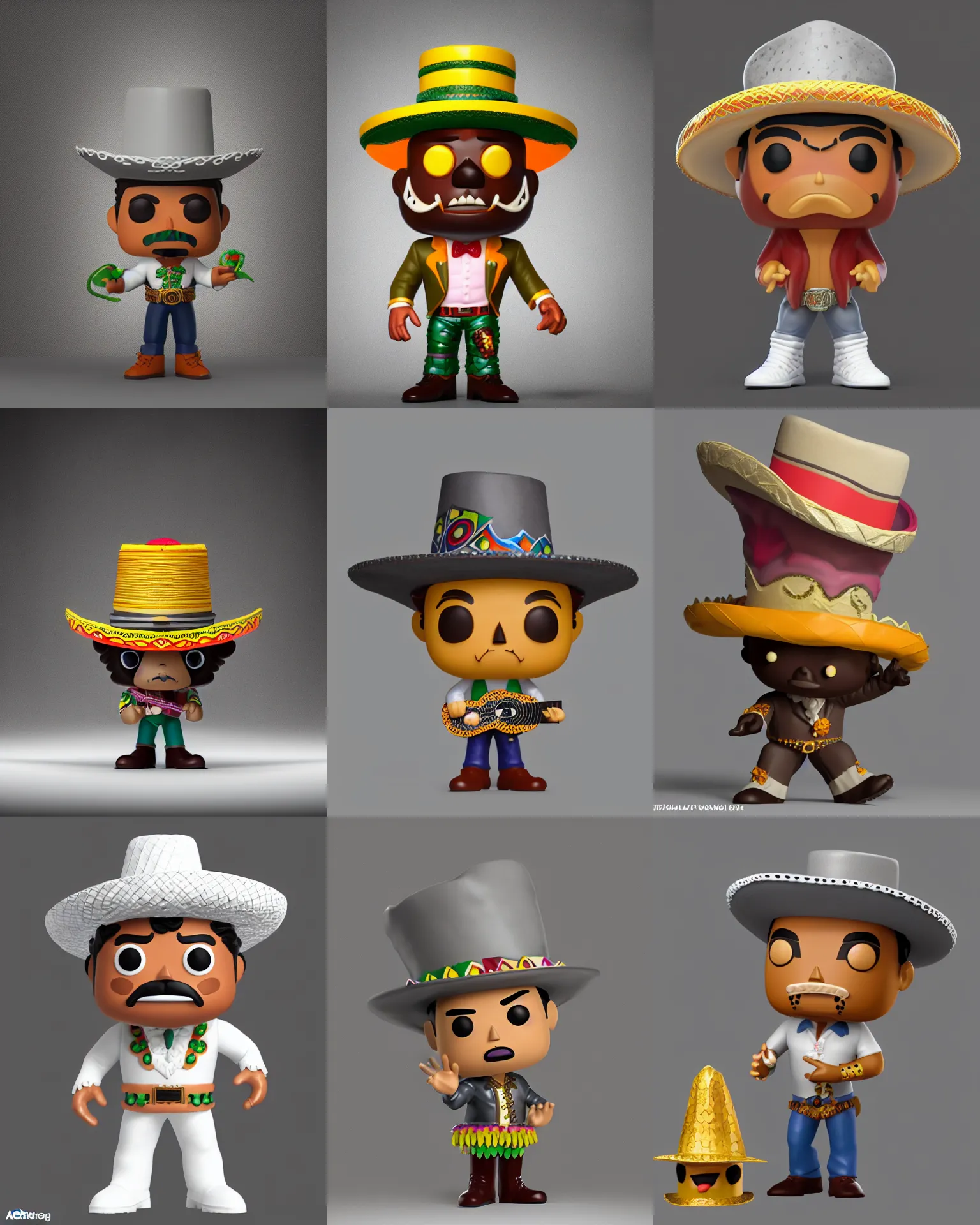 Prompt: full body 3 d render of mexican wearing sombrero as a funko pop!, studio lighting, grey background, single body, no shadow, blender, trending on artstation, 8 k, highly detailed