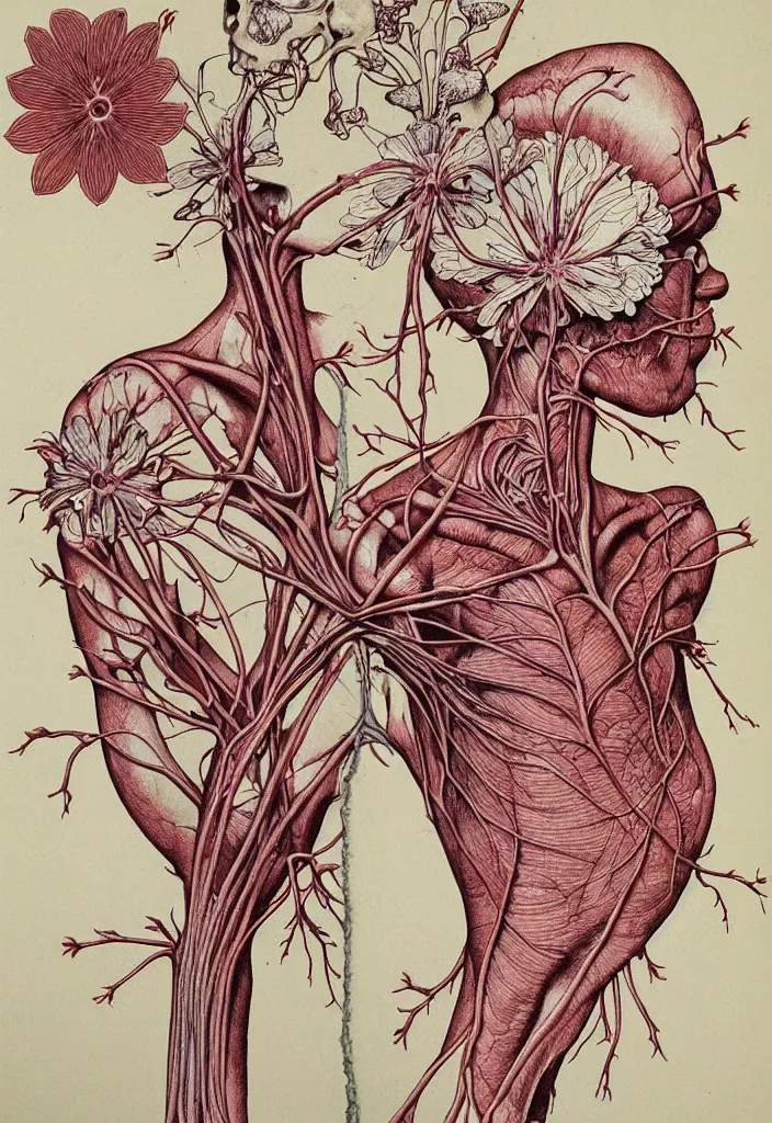 Prompt: prompt: anatomy dissection drawing veins and leaf blood system human shaped flower character drawn by Takato Yamamoto, petals and flower head, flower anatomy atlas, veins and organs attached to flower head, alchemical objects inspired by 1980's sci-ci, old experimentation cabinet, intricate oil painting detail, manga 1980