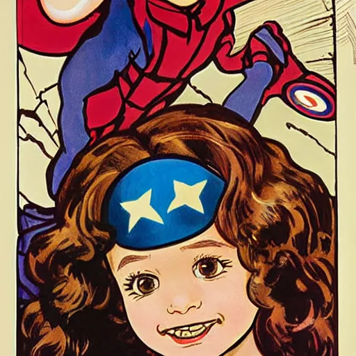 Image similar to a little girl with a mischievous face and light brown curly wavy hair. she is dressed as captain america, spider - man, batman, captain marvel, a superhero. well composed, clean elegant painting, beautiful detailed face. by steve ditko and jack kirby and alphonse mucha