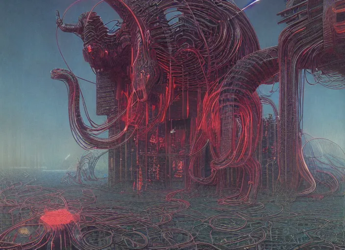 Prompt: behemoth, neon, they are watching, RGB, glowing wires everywhere, pristine, by Edgar Maxence and Ross Tran, Zdzisław Beksiński, and Michael Whelan, distant, gustav dore, H.R. Giger, 8k, octane render