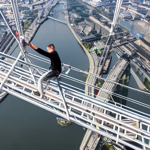 Image similar to tightrope walker above Erasmus bridge