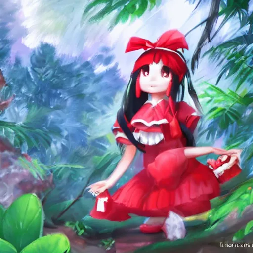 Image similar to a artstation of reimu in the jungle wearing bonnet