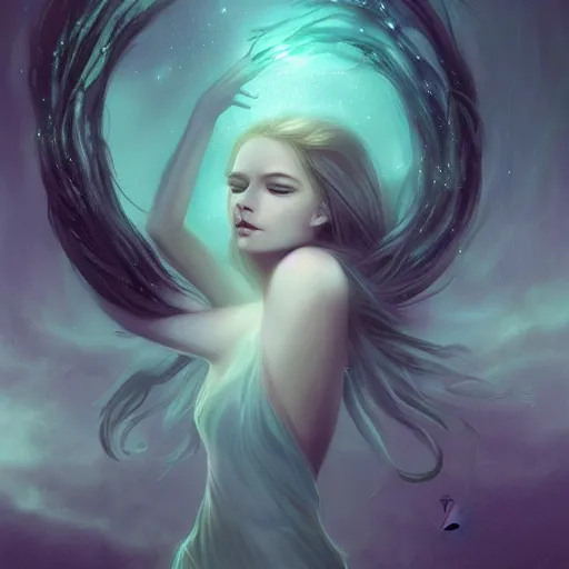 Prompt: nature goddess rising out of the water by charlie bowater, beautiful, bioluminescent, ethereal, mist