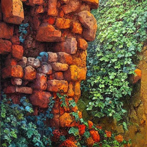 Image similar to colorful marc simonetti impasto!! acrylic painting of the granite gateway of a forgotten civilization. vines and creepers, stone etchings