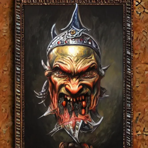 Image similar to chaos dwarf smith in the style of warhammer fantasy : : head and torso oil painting