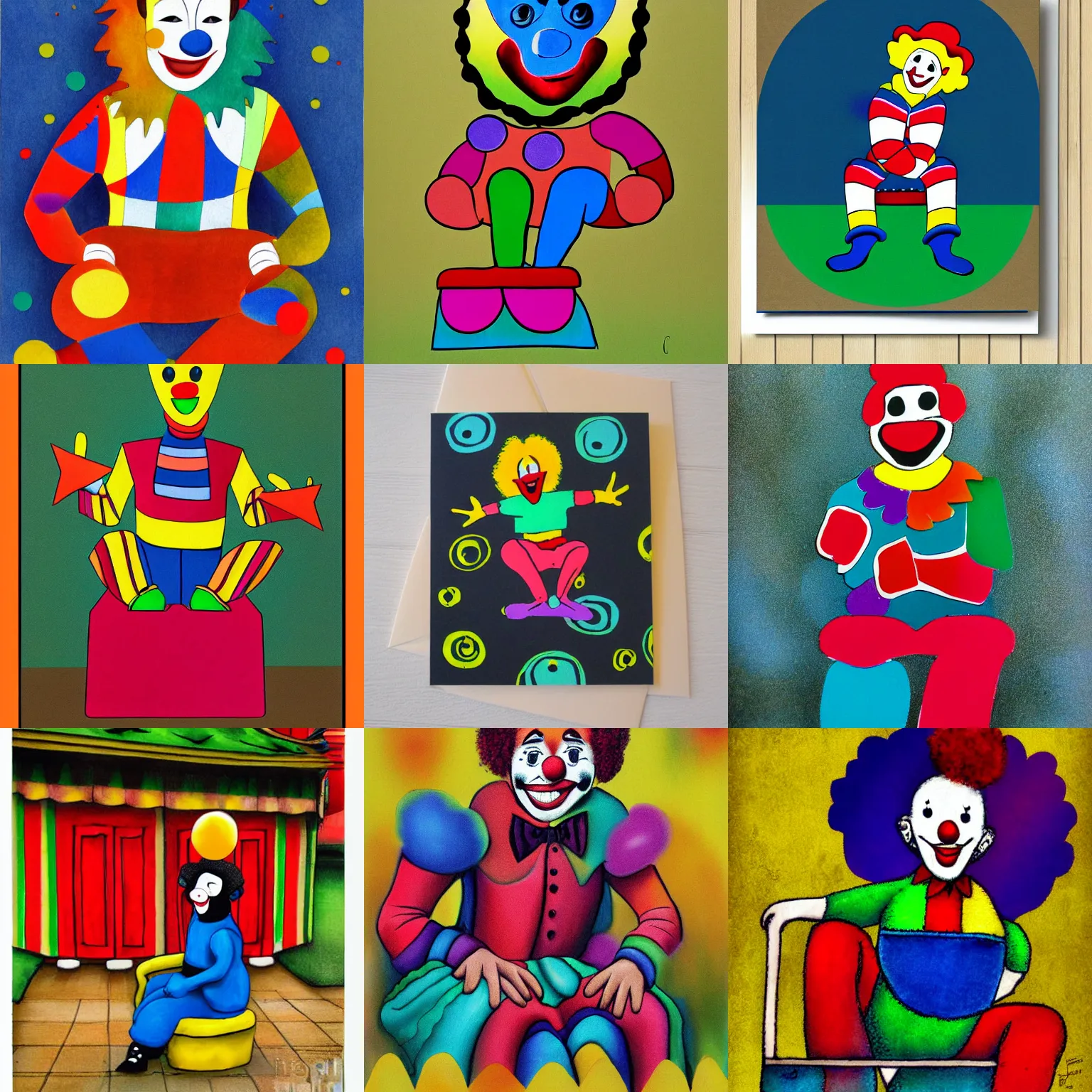 Prompt: seated coloured clown greeting card by joanne claxton