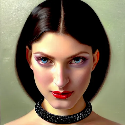 Prompt: Facial portrait of a gorgeous girl, looking away from the camera, choker with small lock around neck, seductive smile, sparkle in eyes, lips slightly parted, long flowing hair, no hands visible, delicate, teasing, arrogant, defiant, bored, mysterious, intricate, extremely detailed painting by Mark Brooks (and by Greg Rutkowski), visible brushstrokes, thick paint visible, no light reflecting off paint, vibrant colors, studio lighting