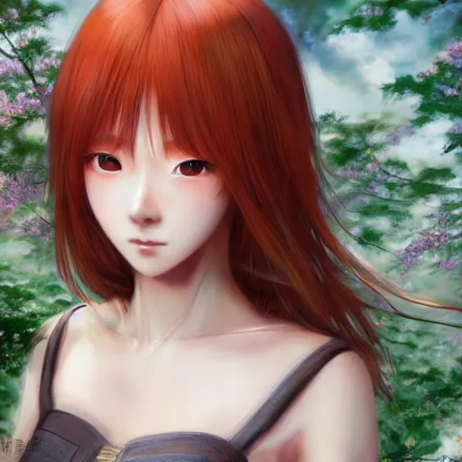 Image similar to ultra-detailed, HD semirealistic anime CG concept art digital painting of a redhead close-up Japanese schoolgirl, by a Chinese artist at ArtStation, by Huang Guangjian, Fenghua Zhong, Ruan Jia, Xin Jin and Wei Chang. Realistic artwork of a Chinese videogame, gentle an harmonic colors.