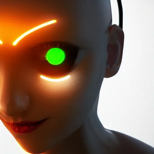 Image similar to cyborg lady with glowing eyes, trending on artstation, smooth, detailed, sharp focus, masterpiece, epic, realistic,volumetric lighting, great, uhd, 4k, by artstation