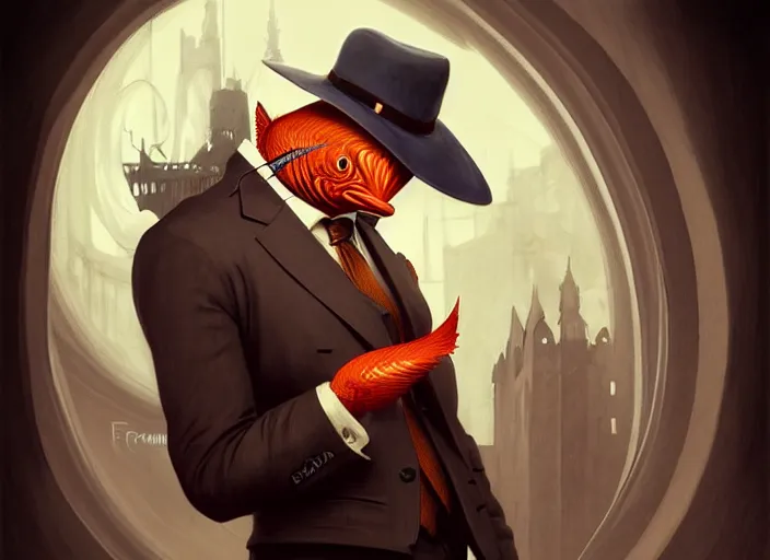 Image similar to a anthropomorphic salmon wearing a detective outfit, diffuse lighting, fantasy, film noir vibes, intricate, elegant, highly detailed, lifelike, photorealistic, digital painting, artstation, illustration, concept art, smooth, sharp focus, art by frank frazetta and marco bucci and loish and rossdraws and artgerm and alphonse mucha