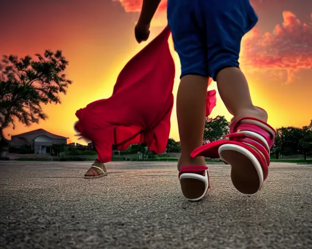 Image similar to Hispanic Granny In A Red MuMu Throwing A Slide Sandal At A Bunch Of Kids Running Away From Her, Anime Style, Manga Style, 8K, HDR, San Antonio Texas Cityscape Sunset, HDR, volumetric lighting, Hyperrealistic-H 960