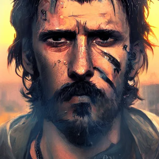 Image similar to cyberpunk, closeup portrait of a shaggy cyberpunk junkie, tired, stubble beard, washed up, dramatic light, city background, sunset, dystopian setting, high contrast, sharp, neuromancer, henry dorsett case, painted by stanley lau, painted by greg rutkowski, painted by stanley artgerm, digital art, trending on artstation