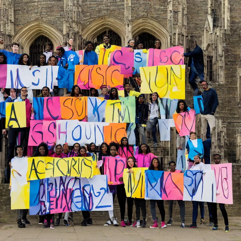 Prompt: a group of racially diverse students wearing bright clothing stand in front of the Cambridge University architecture studio, holding a sign with the words ARCSOC 2022–23