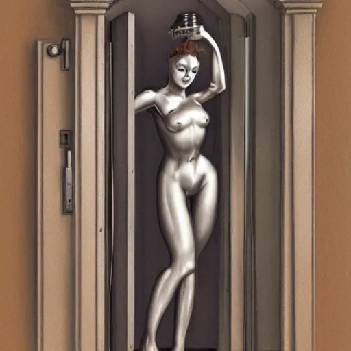 Image similar to stunning gorgeous gynoid in the doorway, photorealistic, highly detailed,