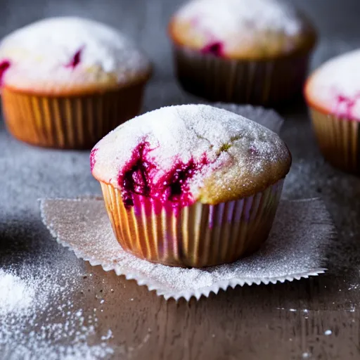 Image similar to vanilla raspberry muffins with powdered sugar, bokeh