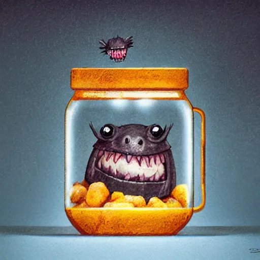 Image similar to cute monster in a jar by Greg Rutkowski, product photography, centered, studio lightning