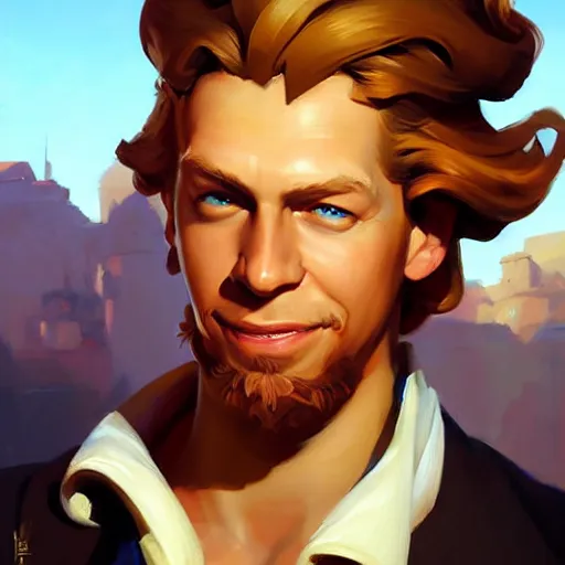 Image similar to Greg Manchess portrait painting o Guybrush Threepwood as Overwatch character, medium shot, asymmetrical, profile picture, Organic Painting, sunny day, Matte Painting, bold shapes, hard edges, street art, trending on artstation, by Huang Guangjian and Gil Elvgren and Sachin Teng