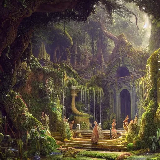 Image similar to a beautiful and highly detailed matte painting of an elven temple in a magical fantasy garden in a lush forest, intricate details, epic scale, insanely complex, 8 k, sharp focus, hyperrealism, very realistic, by caspar friedrich, albert bierstadt, james gurney, brian froud,