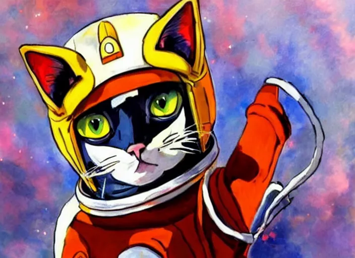 Prompt: painting of a cat dressed as an astronaut, stuido ghibli, gurren lagann