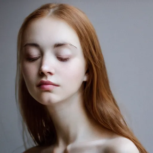 Prompt: photorealistic portrait of a beautiful young woman, very blurry, out of focus, translucent stone white skin, closed eyes, foggy, closeup, ( ( ( ( thin neck ) ) ) )