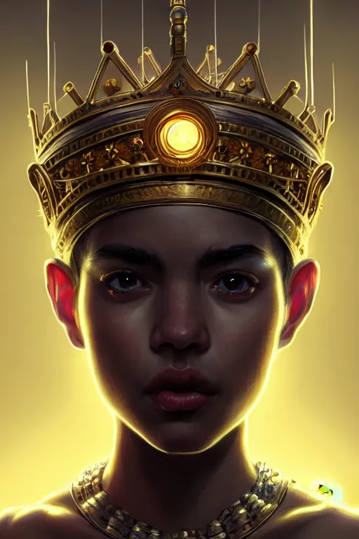 Image similar to highly detailed portrait of a minion, ornate crown, beautiful symmetrical face, glowing skin, digital painting, artstation, concept art, smooth, clear focus, illustration, greg rutkowski, artgerm, global lighting, detailed and fantasy