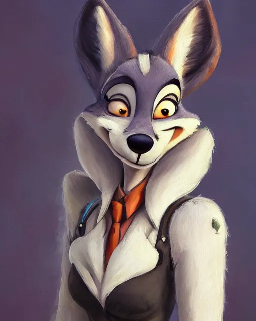 Prompt: oil painting of anthromorphic female wolf, in style of zootopia, zootopia, zootopia, fursona, furry, furaffinity, 4 k, deviantart, furry art, fursona art, wearing black business suit, business suit, in style of zootopia, wolf fursona, cyberpunk, female, expressive detailed feminine face,