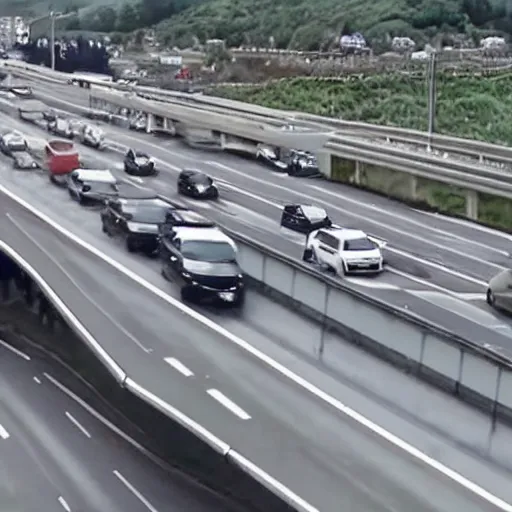 Prompt: cctv footage of car flying in the sky over a busy highway