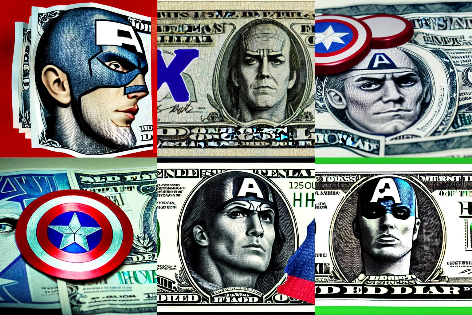 Prompt: Captain America's head in the dollar bill, HD,