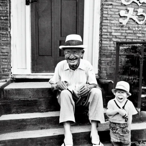 Image similar to An old man wearing a straw hat sitting on the stoop smiling at a happy four year old boy who sits next to him. 1950s, Americana, vintage, black and white, Ian Berry.