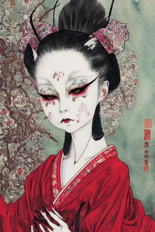 Image similar to watercolor painting of an avant - garde japanese cat geisha vampire queen in a victorian lolita fashion red dress in the style of lovecraftian horror painted by yoshitaka amano, takato yamamoto, ayami kojima, dmt art, symmetrical vogue face portrait, intricate detail, artstation, cgsociety, artgerm, rococo