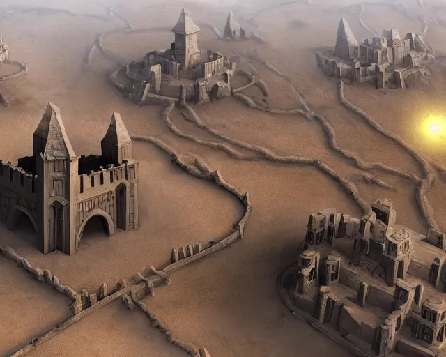 Prompt: the stongest fortress in the world stands in the middle of desert town, a lot of small details, small flags around, magic and sci - fi details, artstation trendings, epic