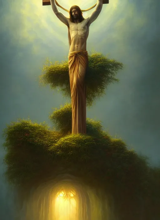 Image similar to christ on the cross, overgrown, in the style of tomasz alen kopera and fenghua zhong and peter mohrbacher, mystical colors, rim light, beautiful lighting, 8 k, stunning scene, raytracing, octane, trending on artstation