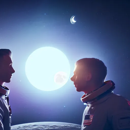 Image similar to a gay couple floating in space looking at the moon from up close, science fiction industrial hard science concept art, 8 k render octane high definition cgsociety