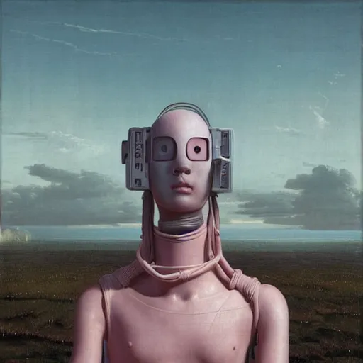 Prompt: hyperrealistic liminal spaces, David Friedrich, award winning masterpiece with incredible details, Zhang Kechun, a surreal vaporwave vaporwave vaporwave vaporwave vaporwave painting by Thomas Cole of an old pink mannequin head wearing VR goggles with cables and wires coming out of it's neck, highly detailed