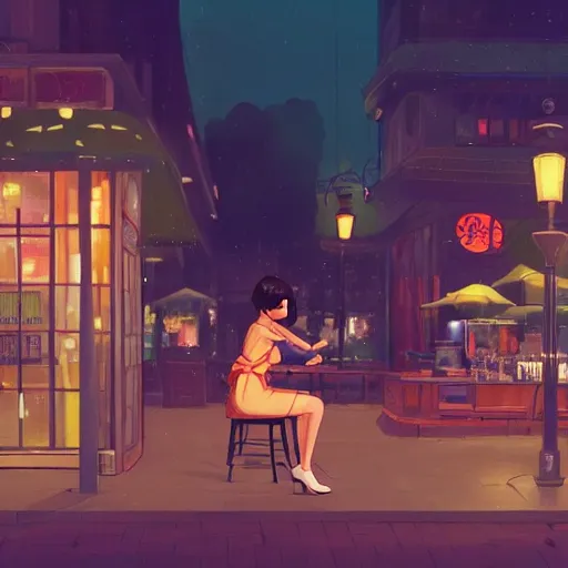 Prompt: portrait of beautiful girl with dark hair dressed in 1920's style, sitting in cafe alone, nighttime, low-key neon lighting, 4k, HQ, official media, anime key visual, makoto shinkai, ilya kuvshinov, lois van baarle, rossdraws, detailed, trending on artstation