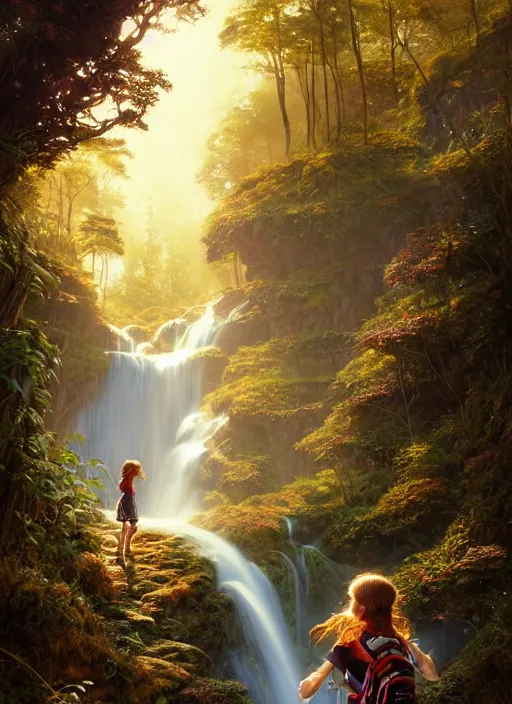 Image similar to detailed intricate digital illustration by james gurney and greg rutkowski and artgerm and wlop and sanford robinson gifford ; young red - haired explorer girl with a backpack and map, in an ancient forest, shimmering waterfall in background ; 1 3 mm film, arri alfa anamorphic lens ; sharp focus, golden hour lighting, trending on artstation 4 k