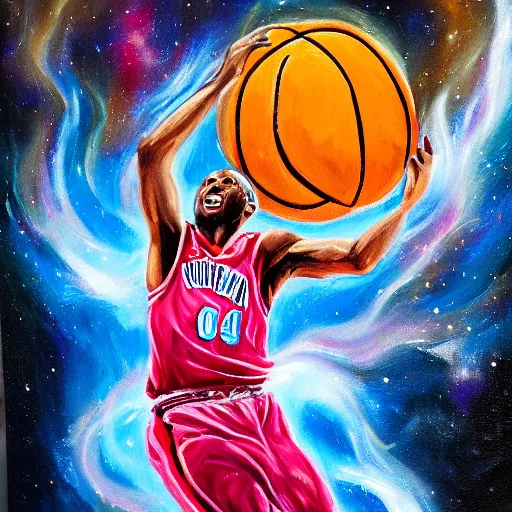 Image similar to an expressive oil painting of a basketball player dunking, depicted as an explosion of a nebula